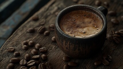 A highly detailed, close-up view of a freshly brewed cup of coffee with a rich crema, sitting on a rustic wooden surface. 