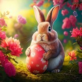 Zajączek wielkanocny otoczony kwiatami trzymający w łapkach kolorową pisankę. Wielkanocne lub wiosenne tło, ilustracja