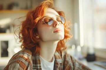 Wall Mural - Young woman enjoys warm sunlight while wearing sunglasses in a cozy indoor setting during a peaceful afternoon