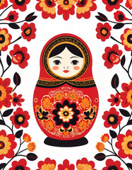 Wall Mural - Traditional Matryoshka Folk Art in Red and Orange Tones with Floral Border