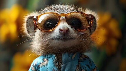 Wall Mural - Cute meerkat wearing sunglasses and a floral shirt poses happily among vibrant flowers in a colorful setting