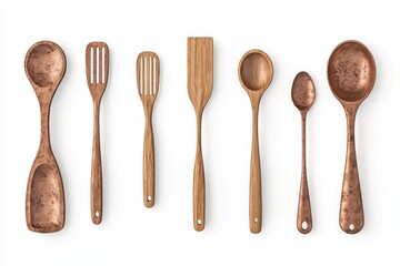 A collection of wooden cooking utensils arranged neatly, showcasing the beauty of craftsmanship and natural materials.