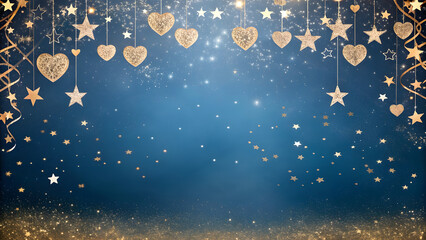 Wall Mural - Deep Blue and Gold Gradient Background with Starlight and Hearts. Perfect for: Romantic evenings, celebrations, Valentine's Day
