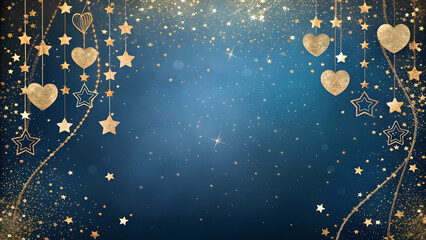 Wall Mural - Deep Blue and Gold Gradient Background with Starlight and Hearts. Perfect for: Romantic evenings, celebrations, Valentine's Day