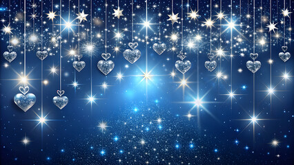 Wall Mural - Deep Blue Night Sky Background with Stars and Heart Decorations. Perfect for: Evening celebrations, romantic nights, Valentine's Day
