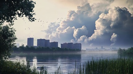 Wall Mural - Cityscape with Clouds Over Calm Lake and Birds