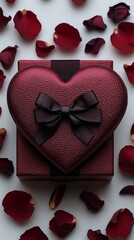 Wall Mural - Small heart shaped gift box tied with ribbon and bow surrounded by rose petals.