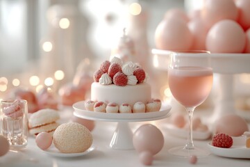 Wall Mural - Delightful dessert table featuring a beautifully crafted raspberry cake and elegant pink decorations for a celebration