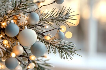 Wall Mural - Elegant blue and white ornaments on a snowy Christmas tree during the holiday season