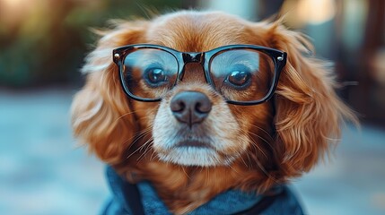 Wall Mural - Dog wearing glasses poses for a fun portrait in a backyard setting