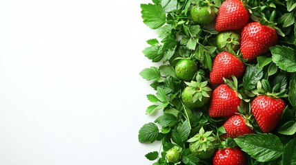 Isolated of fresh strawberries with vibrant red color and green leafy tops displayed on a white background Stock Photo with side copy space