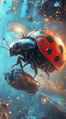 Wall Mural - robotic ladybug spaceship soaring through cosmic dust