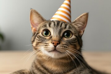 Wall Mural - Cat celebrates birthday wearing a party hat while seated indoors enjoying a festive atmosphere with decorations