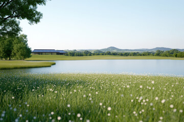 Wall Mural - A large body of water is surrounded by a lush green field