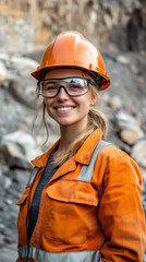 Aufkleber - Confident geologist wearing hardhat and safety glasses standing in rocky quarry, representing professional earth science expertise