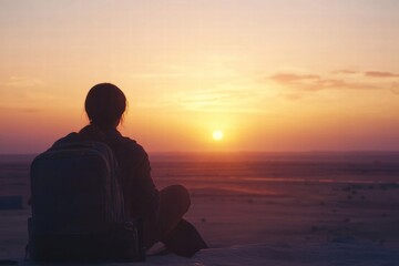 Poster - Traveler enjoys a stunning sunset view over the horizon in a remote location. Generative AI
