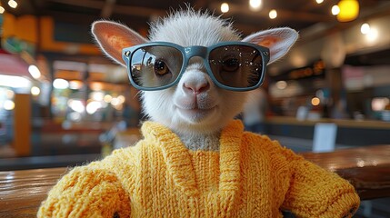 Wall Mural - Goat wearing sunglasses and sweater sitting indoors in a lively setting during daylight hours