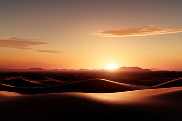 Wall Mural - Sun sets over the tranquil desert landscape highlighting golden sand dunes and distant mountains under a colorful sky