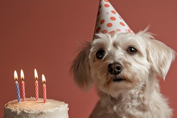 Wall Mural - Happy dog celebrating birthday with cake and candles in festive atmosphere