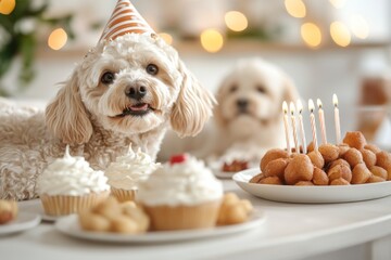 Wall Mural - Happy dogs celebrating a birthday party with treats, decorations, and playful atmosphere at home