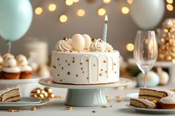 Wall Mural - Celebration cake adorned with decorations and candles at a festive gathering with soft lighting