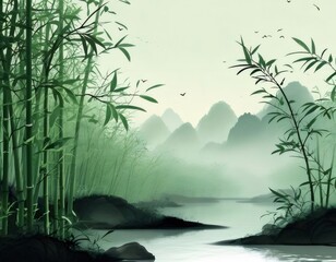 Wall Mural - Serene bamboo forest river landscape, misty mountains background; zen decor.