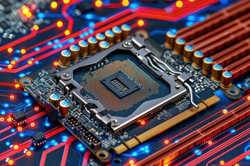 Poster - a computer chip is shown on a circuit board with a red background