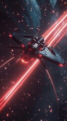 Wall Mural - Futuristic Spaceship Soaring Through Red Nebula Space