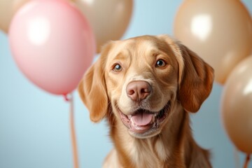 Wall Mural - Happy dog surrounded by colorful balloons celebrates a special occasion in a cheerful setting