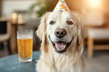 Wall Mural - Happy golden retriever wearing a party hat while enjoying a drink during a celebration indoors