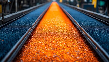 Poster - Glowing Molten Metal Flowing Through Industrial Conveyor Belt in Factory Workshop with Vibrant Orange and Blue Colors in Close-Up View