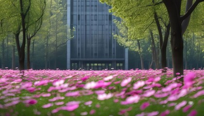 Wall Mural - Pink cosmos field, modern building background, city park, spring.