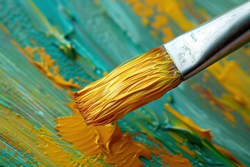 A paintbrush with yellow paint on it is on a green surface