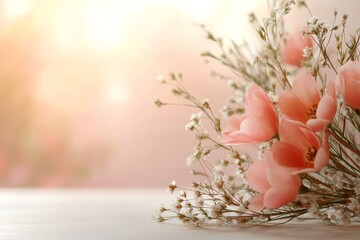 Wall Mural - Delicate pink flowers and white blooms create a serene atmosphere in soft sunlight