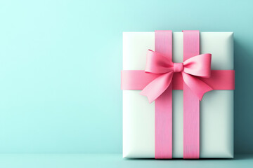 White gift box with pink ribbon and bow on blue background.