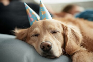 Wall Mural - Dog wearing party hat enjoys a relaxed moment during a birthday celebration at home with friends