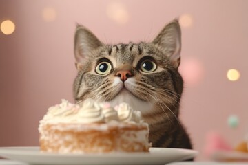 Wall Mural - Curious cat gazes at a delicious cake during a festive celebration in a cozy indoor setting