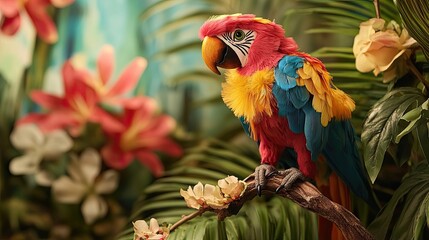 Sticker - A Colorful Macaw Perched Among Lush Tropical Flowers