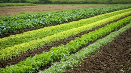 Wall Mural - Rows of vibrant green and yellow crops growing in a fertile field under a clear sky