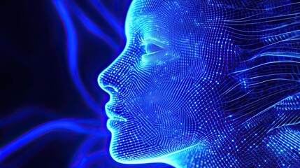 Digital Woman Profile, glowing, dark background, AI concept