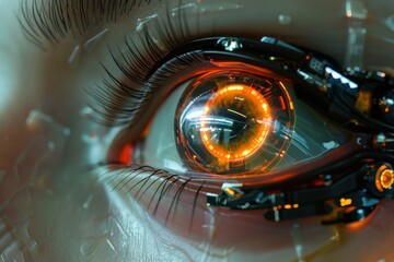 Wall Mural - orange glowing augmented reality futuristic cyborg eye displaying data