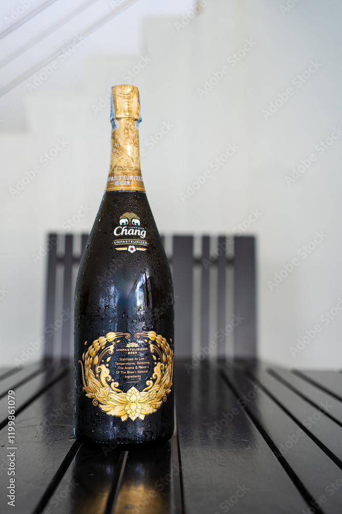 Bangkok, Thailand - January 16, 2025 : The cold beer Chang Unpasteurized from ThaiBev Owner of Chang Beer Products