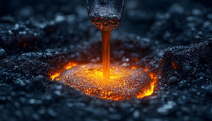 Poster - Glowing Molten Metal Poured from a Crucible into a Dark Metal Surface, Showcasing the Intense Heat and Vibrant Light Near Liquid Hot Iron