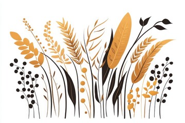 Poster - A flat 2D illustration of a single stalk of wheat in golden tones, drawn with simple lines on a white background for a clean aesthetic