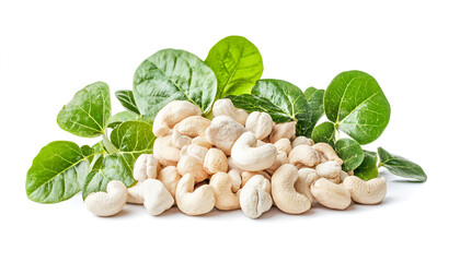 Wall Mural - Pile of tasty organic cashew nuts and green leaves isolated on white