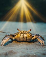 Crab on sandy seabed, sun rays above