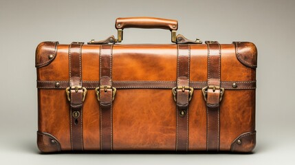 Classic brown suitcase with a leather strap and brass buckles, isolated on a clean white surface 