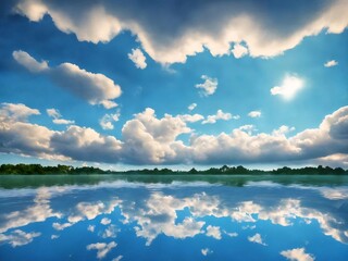 Wall Mural - Serene lake reflection, sunny sky, peaceful nature scene, ideal for travel brochures.