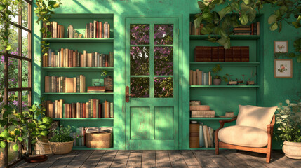 Wall Mural - Off-Grid Living, A cozy green reading nook with shelves of books, a plush chair, and plants, inviting relaxation and creativity in a tranquil atmosphere.