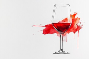 Poster - A minimalist line drawing of a wine glass, with a single bold stroke and a splash of red inside, set against a plain white background